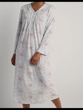 Miss Elaine White Nightgown with Pink Floral Print